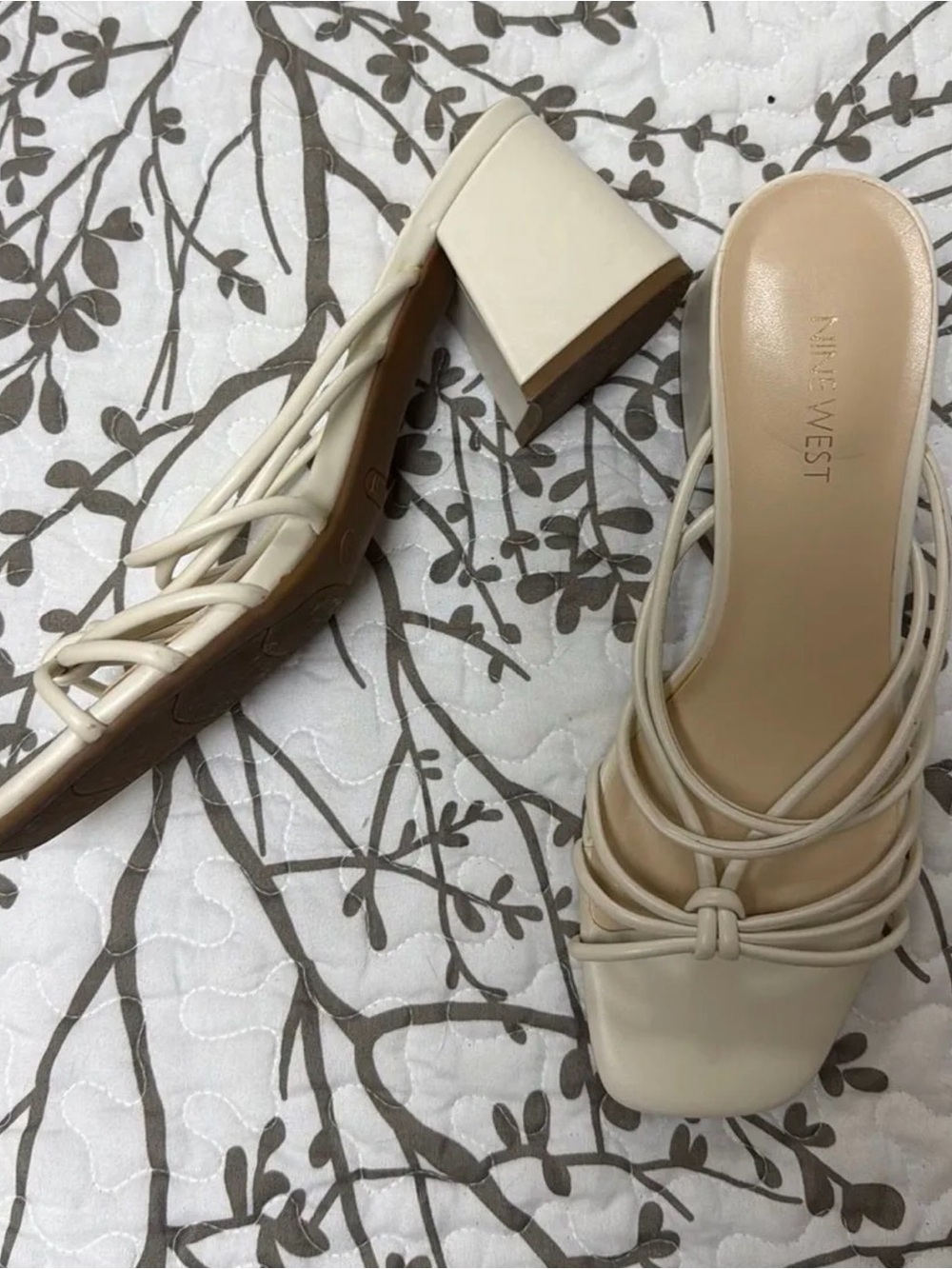 Nine West Cream Strappy Block Heel Mules